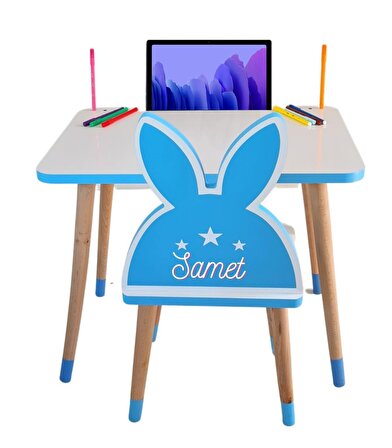 Çocuk Masa Sandalye Takımı Oyun Aktivite Masası (mavi Tavşanlı)