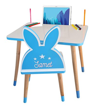 Çocuk Masa Sandalye Takımı Oyun Aktivite Masası (mavi Tavşanlı)