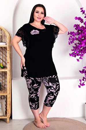Siyah Renk ve Çiçek Desenli Lady 10690 Kadın Lady Büyük Beden Kapri Pijama Takımı