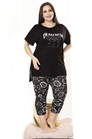 Siyah Renk ve Çizgili Lady 10697 Kadın Büyük Beden Kapri Pijama Takımı