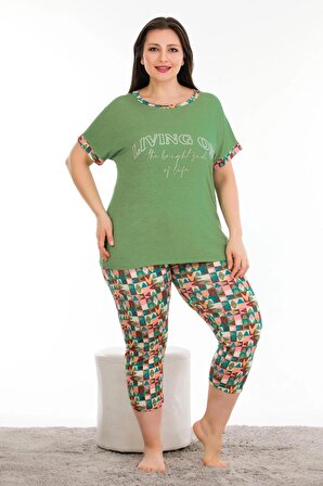 Yeşil Renk ve Desenli Lady 10678 Kadın Kısa Kol Kaprili Büyük Beden Pijama Takımı