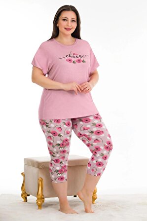 Pembe Renk Çiçek Desenli Lady 10681 Kadın Kısa Kol Kaprili Büyük Beden Pijama Takımı