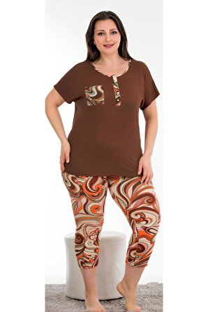 Kahverengi ve Desenli Lady 10686 Kadın Kısa Kol Kaprili Büyük Beden Pijama Takımı