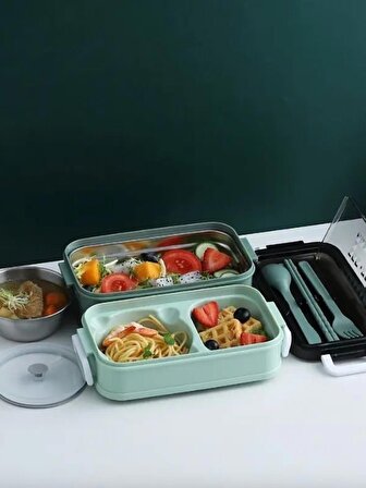 Paslanmaz Çelik Yemek Tası Isı Yalıtımlı 3 Katlı Yemek Termosu Ofis Kamp Lunchbox Yeşil