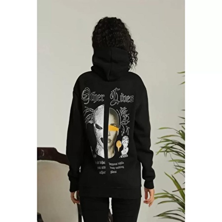 Sırt Baskılı Oversize Üç İplik Kapüşonlu Sweatshirt - Siyah