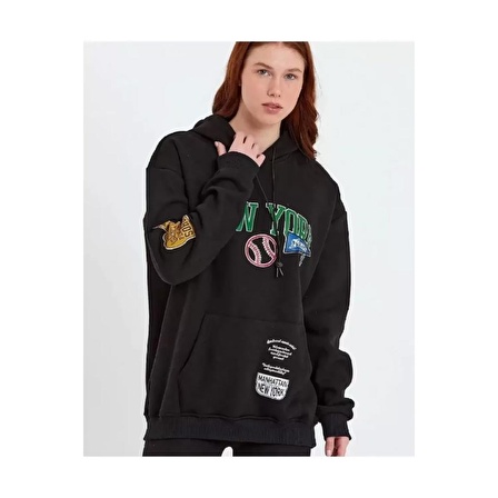 Lucky Life Baskılı Kapüşonlu Sweatshirt - Siyah