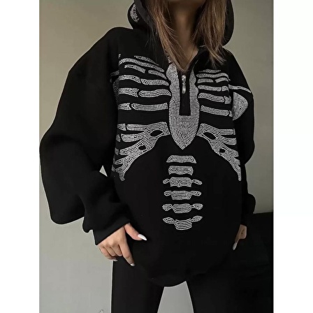 Lucky Life Taşlı Zip Kapüşonlu Sweatshirt - Siyah