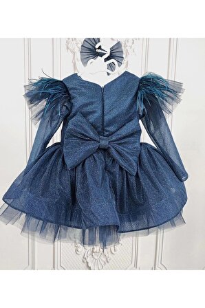 Kız Çocuk Lacivert Parıltılı Kol Tüy Detaylı Kabarık Elbise
