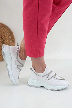 Kadın Beyaz Cilt Streç Taşlı Rahat Kalıp Spor Ayakkabı LDY-2053