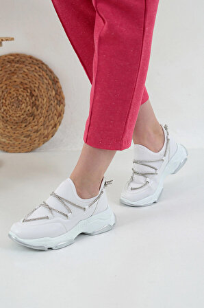 Kadın Beyaz Cilt Streç Taşlı Rahat Kalıp Spor Ayakkabı LDY-2053