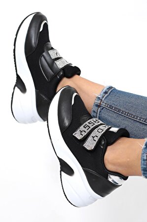 Kadın Siyah Renk Taşlı Gizli Topuk Rahat Kalıp Cırtlı Sneaker Ayakkabı LDY-389