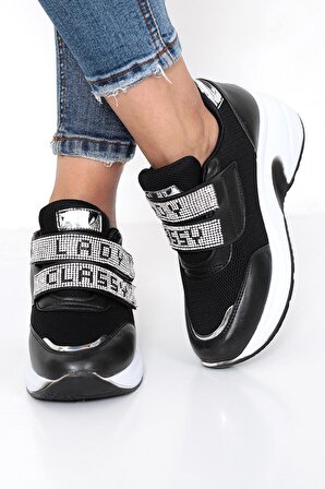 Kadın Siyah Renk Taşlı Gizli Topuk Rahat Kalıp Cırtlı Sneaker Ayakkabı LDY-389