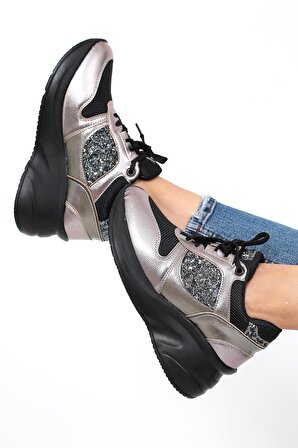 Kadın Platin-Siyah Renk Taşlı Gizli Topuk Rahat Kalıp Bağcıklı Sneaker Ayakkabı LDY-390