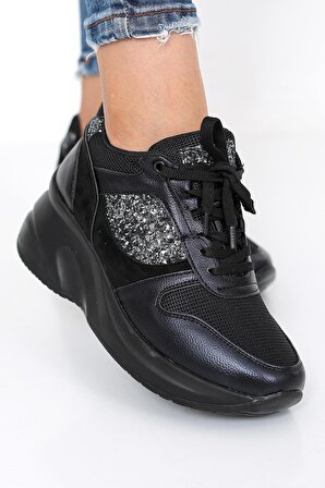 Kadın Siyah Renk Taşlı Gizli Topuk Rahat Kalıp Bağcıklı Sneaker Ayakkabı LDY-391