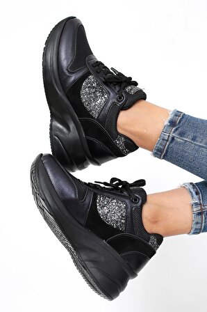 Kadın Siyah Renk Taşlı Gizli Topuk Rahat Kalıp Bağcıklı Sneaker Ayakkabı LDY-391
