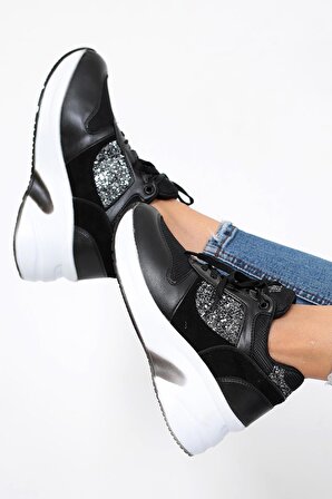 Kadın Siyah Renk Taşlı Gizli Topuk Rahat Kalıp Bağcıklı Sneaker Ayakkabı LDY-393