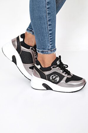Kadın Siyah-Platin Renk Taşlı Gizli Topuk Rahat Kalıp Bağcıklı Sneaker Ayakkabı LDY-394