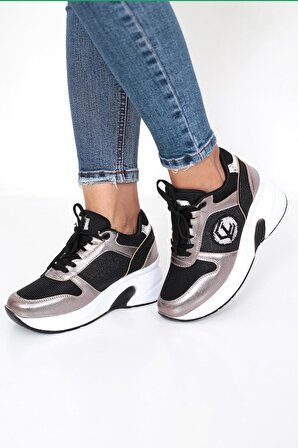 Kadın Siyah-Platin Renk Taşlı Gizli Topuk Rahat Kalıp Bağcıklı Sneaker Ayakkabı LDY-394