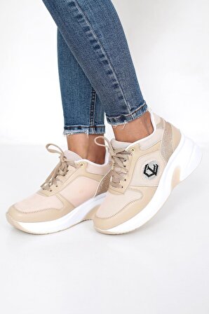 Kadın Nud Renk Taşlı Gizli Topuk Rahat Kalıp Bağcıklı Sneaker Ayakkabı LDY-395