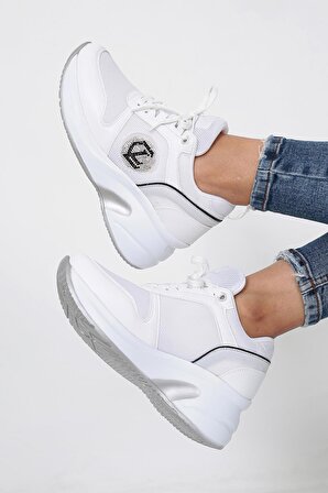 Kadın Beyaz Renk Taşlı Gizli Topuk Rahat Kalıp Bağcıklı Sneaker Ayakkabı LDY-396