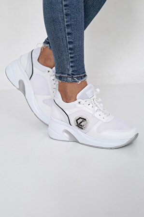 Kadın Beyaz Renk Taşlı Gizli Topuk Rahat Kalıp Bağcıklı Sneaker Ayakkabı LDY-396