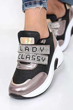 Kadın Siyah-Platin Renk Taşlı Gizli Topuk Rahat Kalıp Cırtlı Sneaker Ayakkabı LDY-398