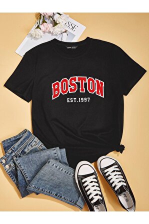 Unisex Boston Yazılı Tshirt