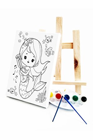 Gitarist Deniz Kızı Çocuk Ressam Seti - 20 x 30 cm Tuval, 2 Adet Fırça, Palet, Boyalar ve Şövale