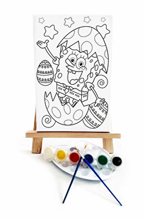 Yumurta Bob Çocuk Ressam Seti - 20 x 30 cm Önçizimli Tuval, 2 Adet Fırça, Palet, Boyalar ve Şövale