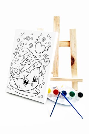 Renkli Pasta Çocuk Ressam Seti - 20 x 30 cm Önçizimli Tuval, 2 Adt Fırça, Palet, Boyalar ve Şövale
