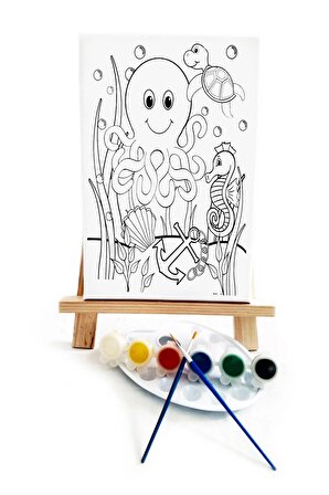 Ahtopot Çocuk Ressam Seti - 20 x 30 cm Önçizimli Tuval, 2 Adet Fırça, Palet, Boyalar ve Şövale
