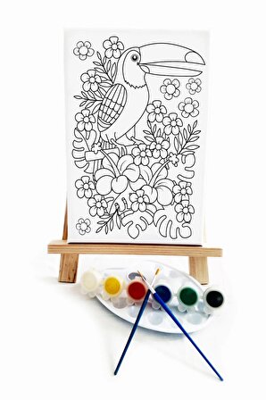 Papağan Çocuk Ressam Seti - 20 x 30 cm Önçizimli Tuval, 2 Adet Fırça, Palet, Boyalar ve Şövale