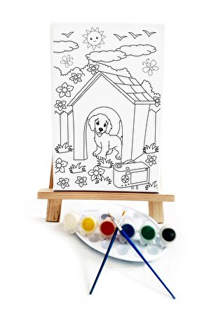 Köpek Kulübesi Çocuk Ressam Seti - 20 x 30 cm Önçizimli Tuval, 2 Adt Fırça, Palet, Boyalar ve Şövale