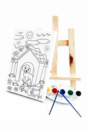 Köpek Kulübesi Çocuk Ressam Seti - 20 x 30 cm Önçizimli Tuval, 2 Adt Fırça, Palet, Boyalar ve Şövale
