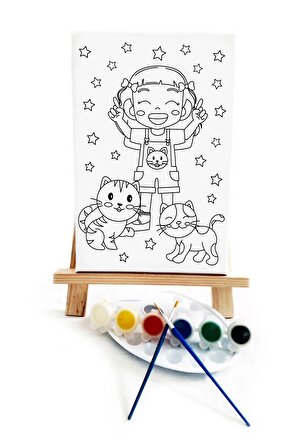 Kedili Kız Çocuk Ressam Seti - 20 x 30 cm Önçizimli Tuval, 2 Adet Fırça, Palet, Boyalar ve Şövale