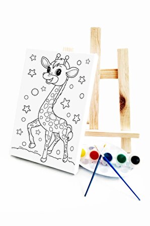 Yavru Zürafa Çocuk Ressam Seti - 20 x 30 cm Önçizimli Tuval, 2 Adet Fırça, Palet, Boyalar ve Şövale