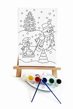 Kardan Adam Çocuk Ressam Seti - 20 x 30 cm Önçizimli Tuval, 2 Adet Fırça, Palet, Boyalar ve Şövale