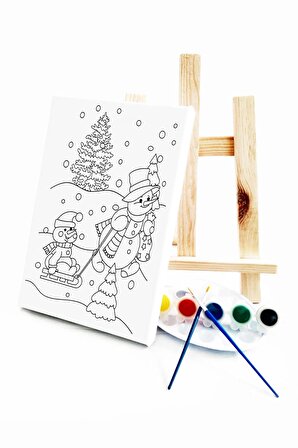 Kardan Adam Çocuk Ressam Seti - 20 x 30 cm Önçizimli Tuval, 2 Adet Fırça, Palet, Boyalar ve Şövale