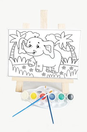 Minik Fil Çocuk Ressam Seti - 20 x 30 cm Önçizimli Tuval, 2 Adet Fırça, Palet, Boyalar ve Şövale