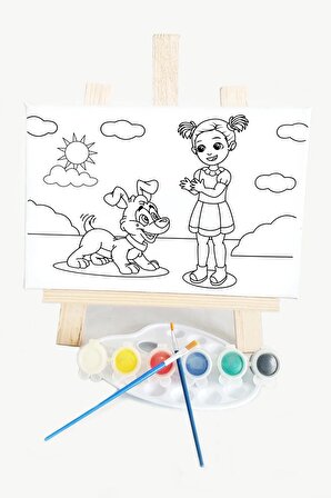 Kız & Köpek Çocuk Ressam Seti - 20 x 30 cm Önçizimli Tuval, 2 Adet Fırça, Palet, Boyalar ve Şövale