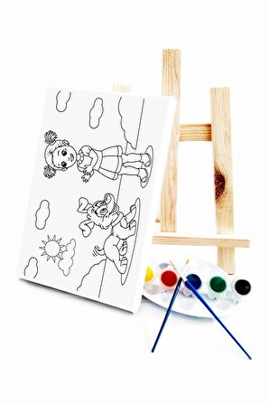 Kız & Köpek Çocuk Ressam Seti - 20 x 30 cm Önçizimli Tuval, 2 Adet Fırça, Palet, Boyalar ve Şövale