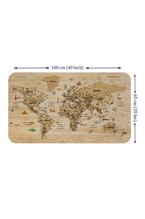 LilaFil Ahşap Görünümlü Türkçe Eğitici Detaylı Atlası Dekoratif Dünya Haritası Duvar Sticker 