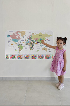 LilaFil Türkçe Ülke Bayrak lı Eğitici Başkent Detaylı Atlası Dünya Haritası Duvar Sticker 