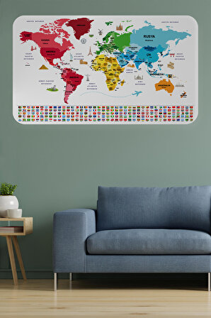 LilaFil Türkçe Ülke Bayrak lı Eğitici Başkent Detaylı Atlası Dünya Haritası Duvar Sticker 