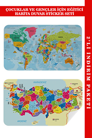 LilaFil Eğitici Ve Öğretici Dünya ve Türkiye Haritası Çocuk Odası Duvar Sticker 3882