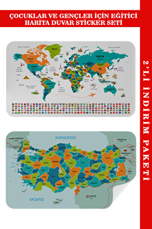 LilaFil Eğitici - Öğretici Dünya Ve Türkiye Haritası Çocuk Odası Duvar Sticker 