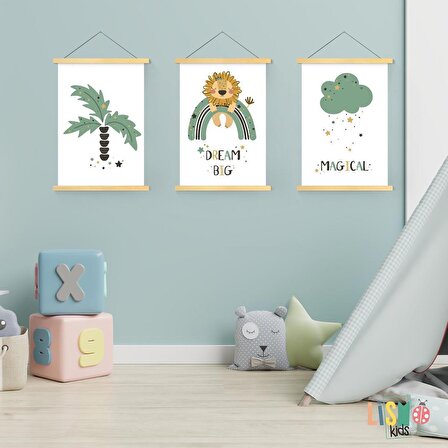 Aslan, Gökkuşağı, Bulut ve Palmiye Çocuk Odası Kanvas Poster 