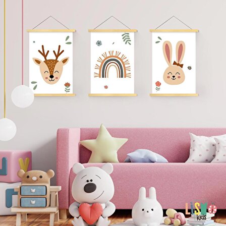 Neşeli Hayvanlar 3 lü Çocuk Odası Kanvas Poster