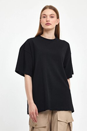 Mandarin Yaka Oversize Siyah T-Shirt