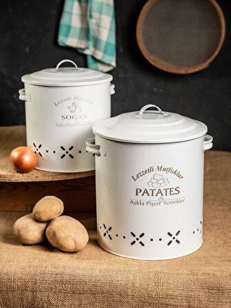 Metal Patates Soğan Kovası, Saklama Kabı İkili Set-Silindir Battal Boy (Lezzetli Mutfaklar-Aşkla Pişen Yemekler)